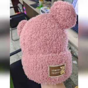 Cute Plush Bear Ear Beanie Hat Women Winter Knit Warm Bonnet Caps Skull Cap